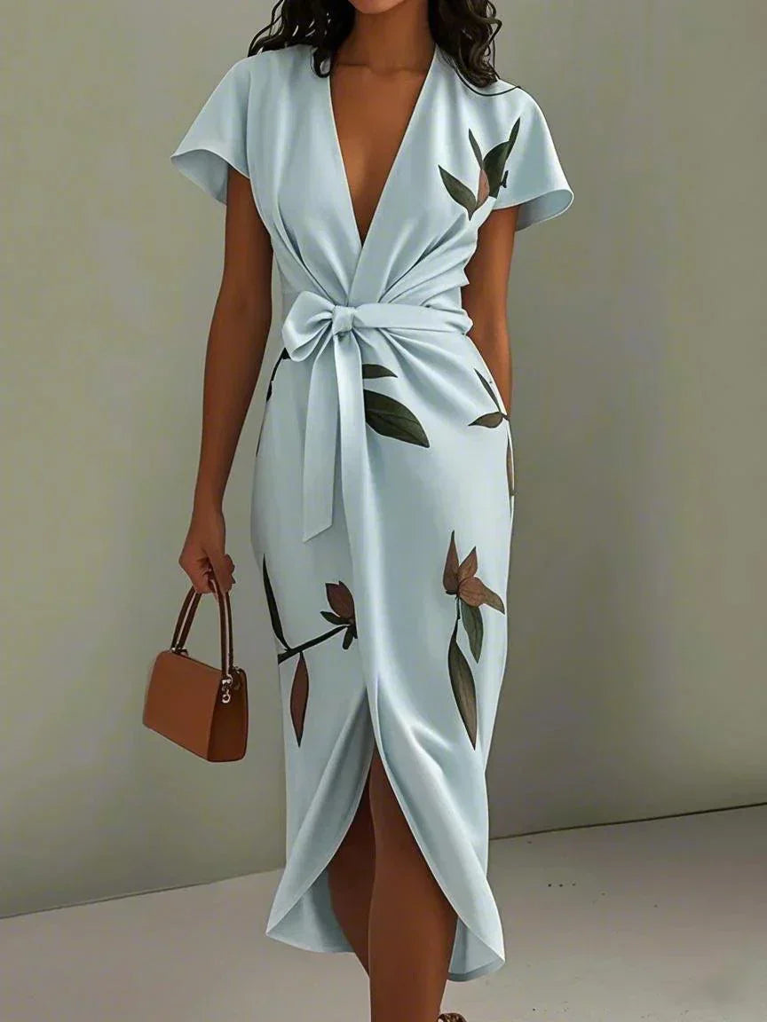 Wrap midi dress showing the V-neckline