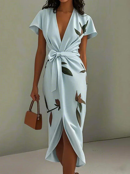 Wrap midi dress showing the V-neckline