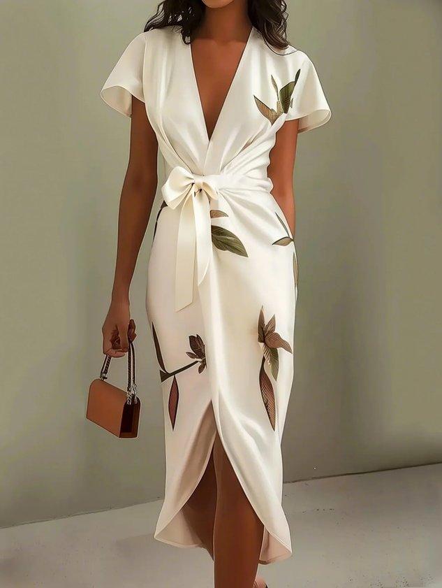 Leaf-print wrap dress shown from the side