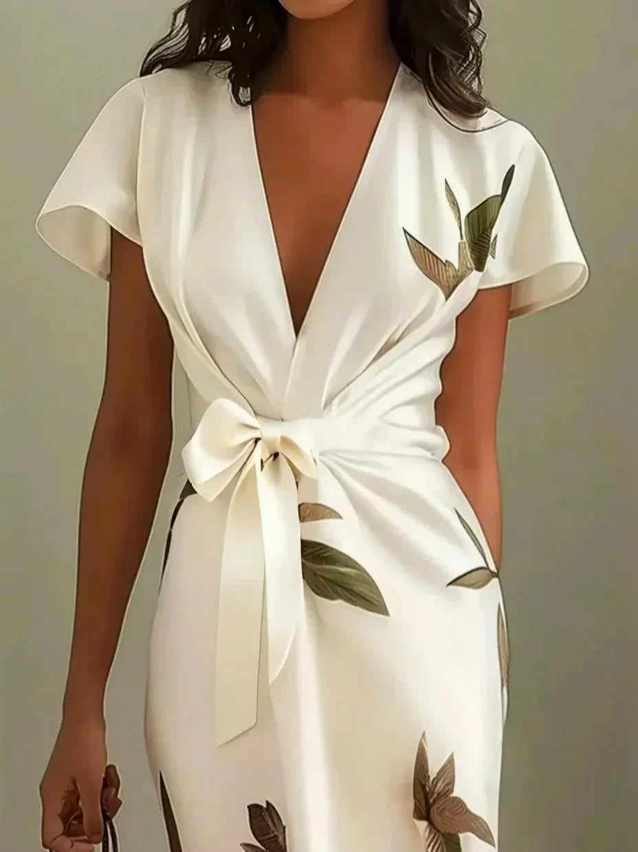 Wrap midi dress showing the short sleeves