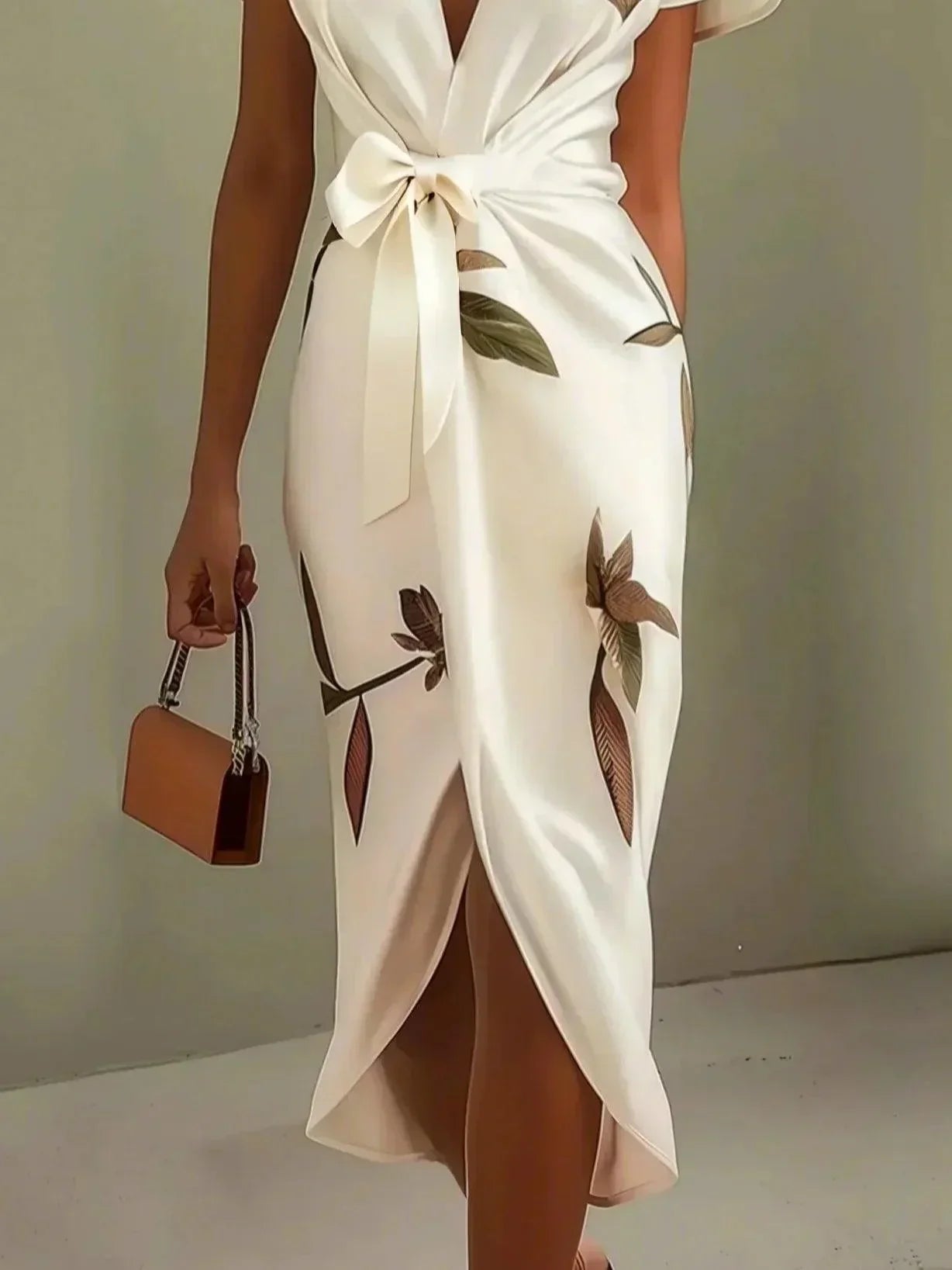 Wrap midi dress showing the tie waist and leaf print