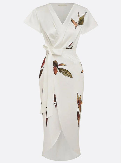 Leaf-print midi dress photographed at an angle