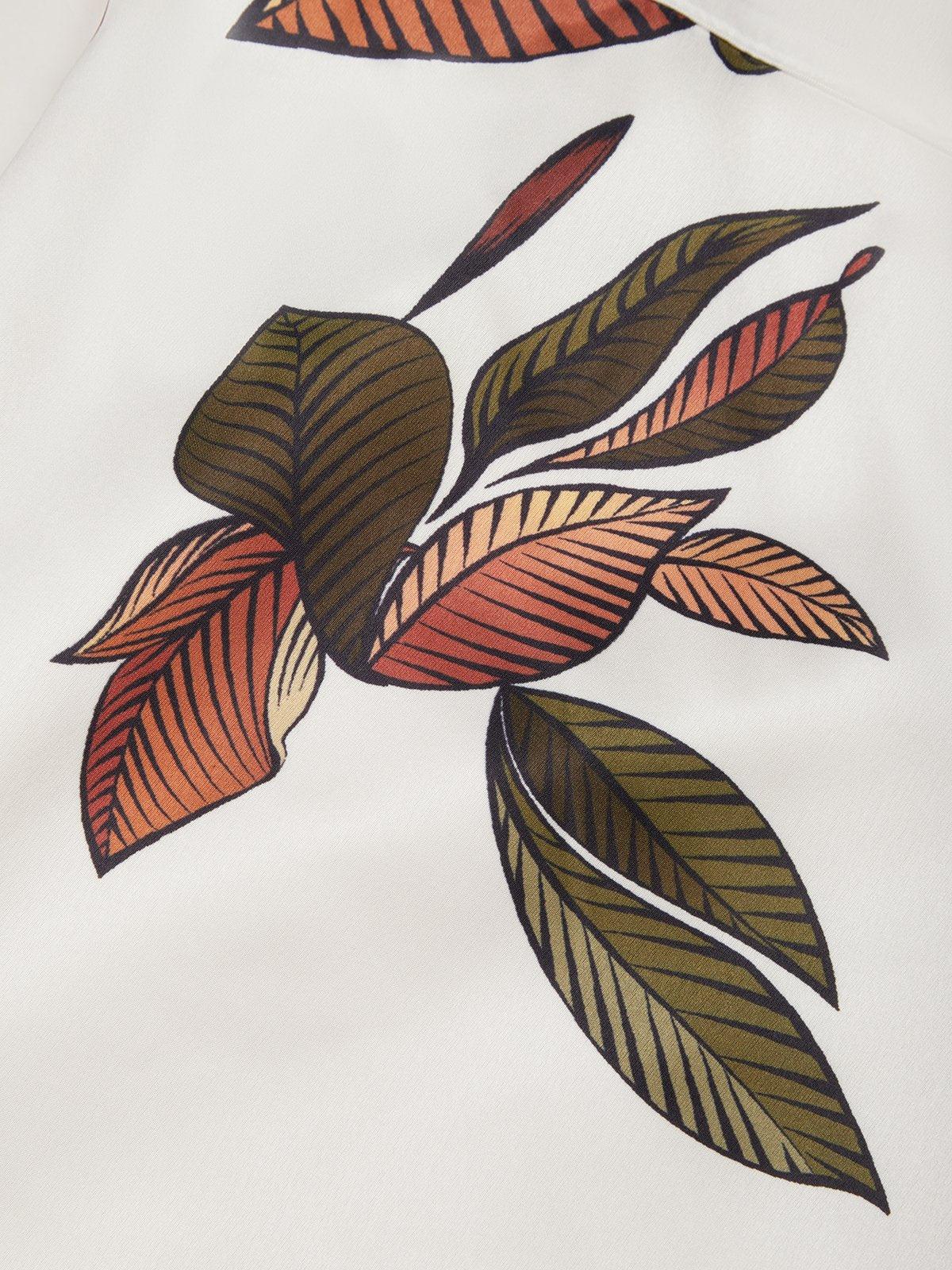 Close view of the leaf print on a wrap midi dress