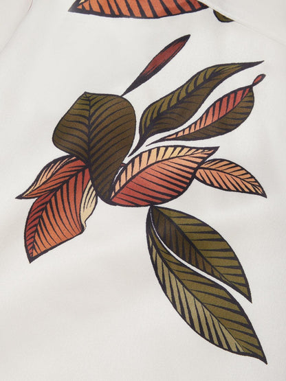 Close view of the leaf print on a wrap midi dress