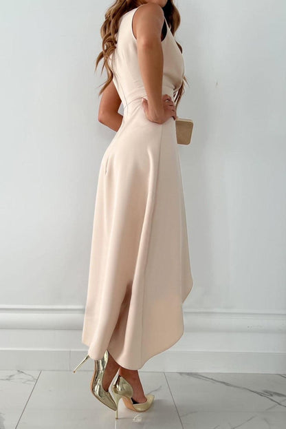 Apricot midi dress showing the V-neckline