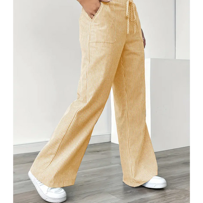 Striped wide-leg pants shown from the side