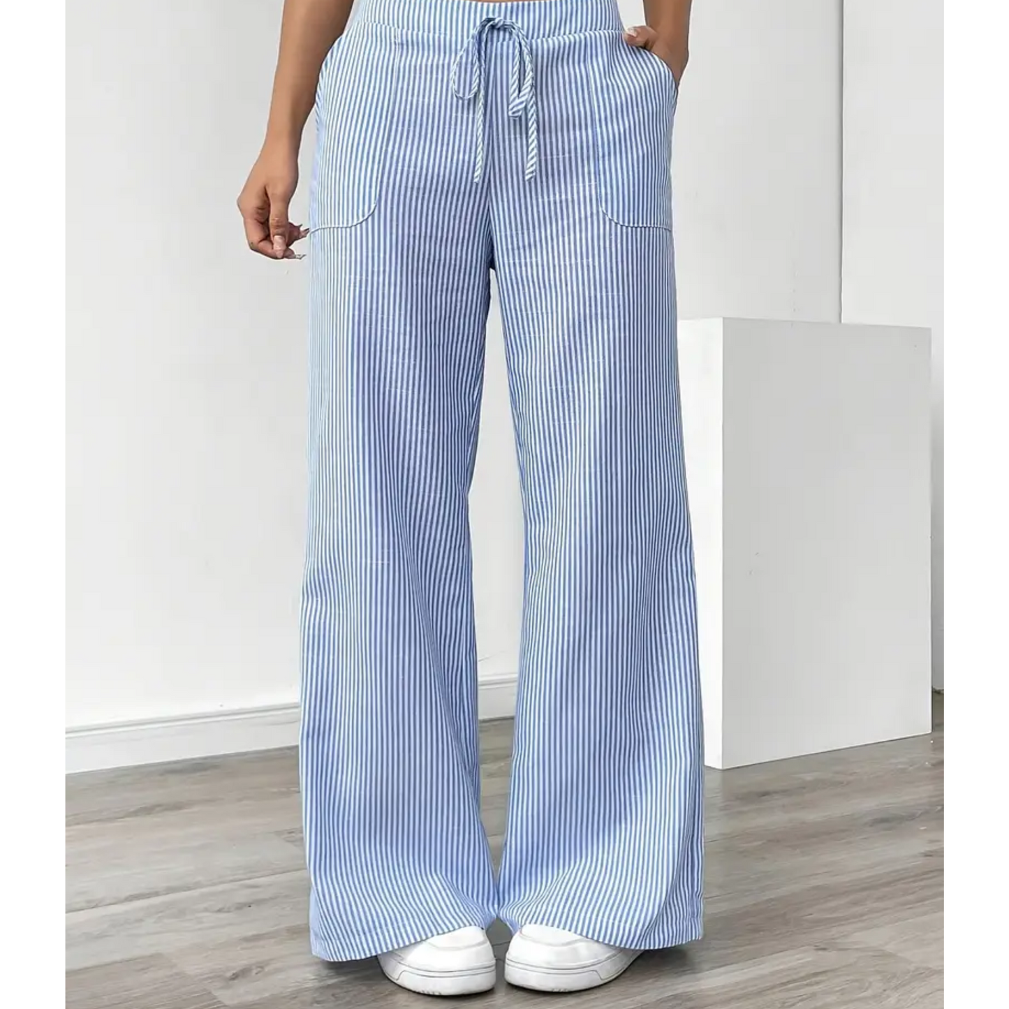 Wide-leg pants showing the vertical stripe detail
