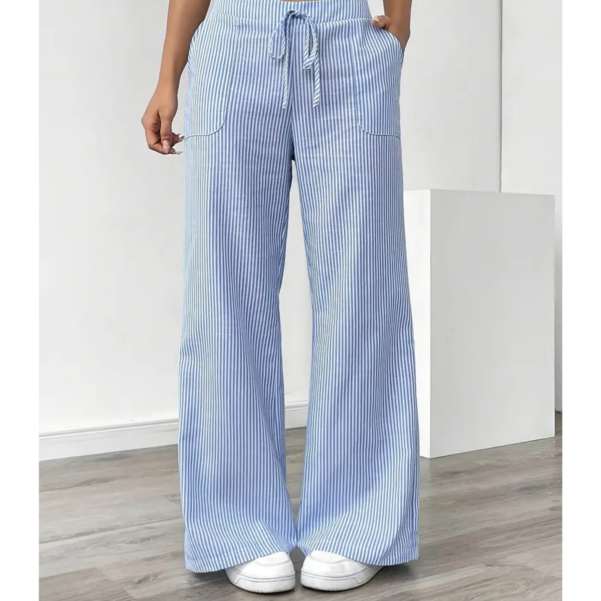 Wide-leg pants showing the vertical stripe detail