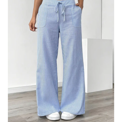 Wide-leg pants showing the vertical stripe detail