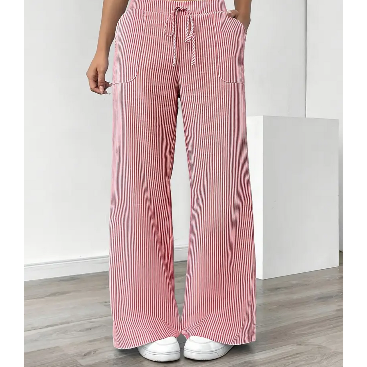 Striped wide-leg pants shown in a third colourway
