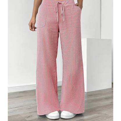 Striped wide-leg pants shown in a third colourway