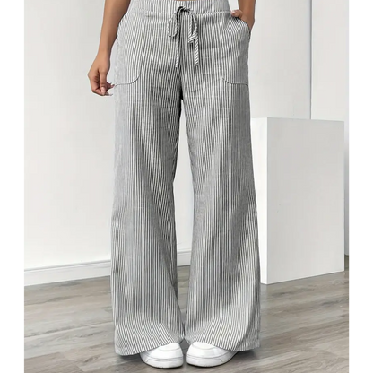 Striped wide-leg pants showing the front pocket