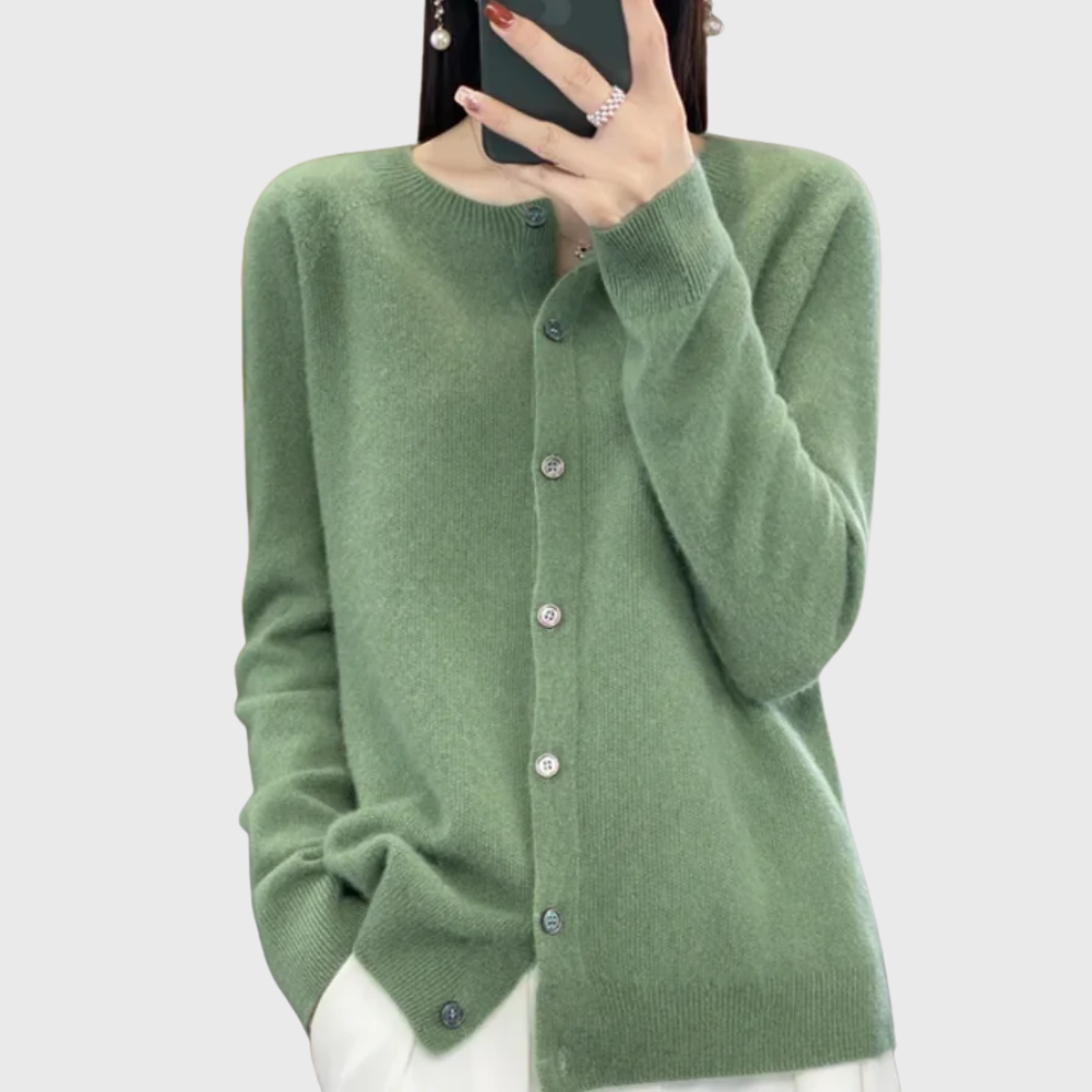 Clean button-front cardigan, front view
