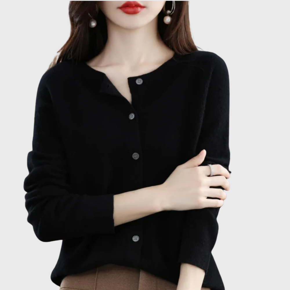 Clean button-front cardigan shown from the front