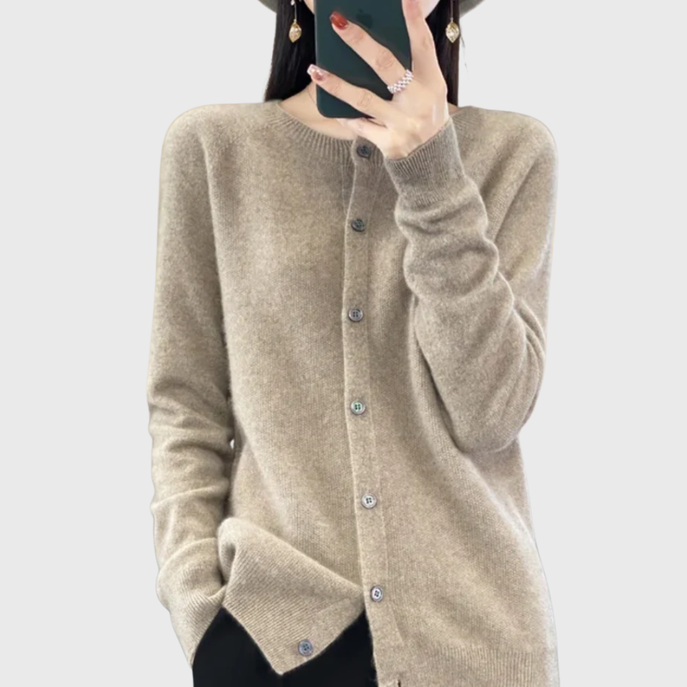 Button-front cardigan shown in a second colourway
