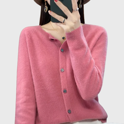 Button-front cardigan shown in a sixth colourway