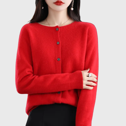 Clean button-front cardigan shown in a seventh colourway