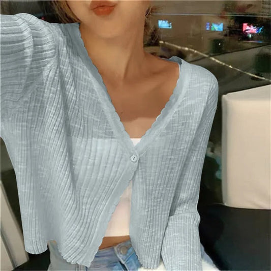 Lightweight ribbed V-neck button cardigan, front view
