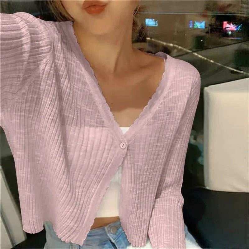 Ribbed V-neck cardigan shown in a fourth colourway