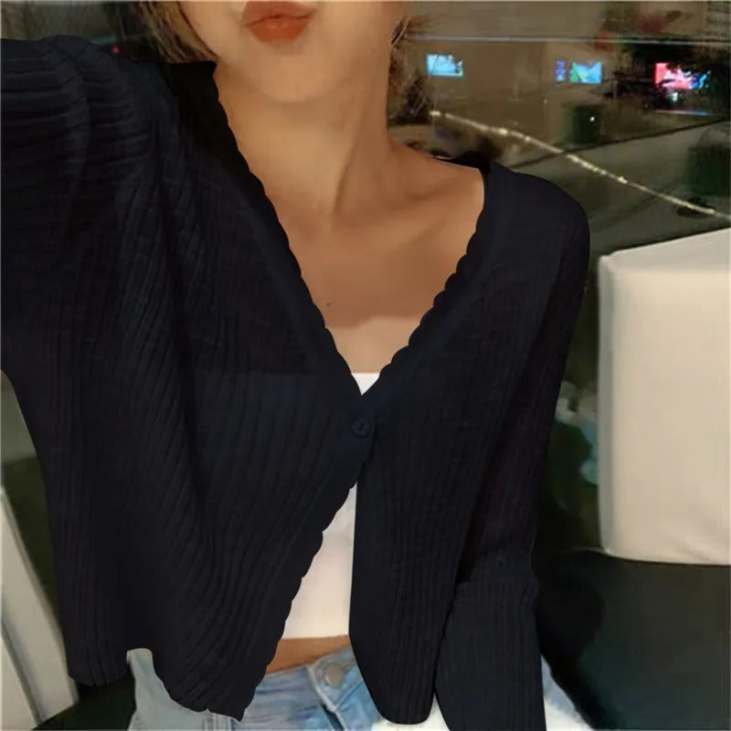 Ribbed cardigan shown in a sixth colourway