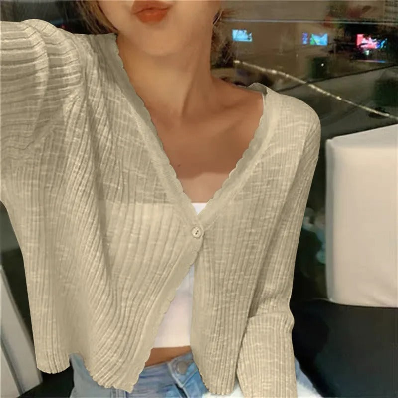 Ribbed V-neck button cardigan shown in a seventh colourway