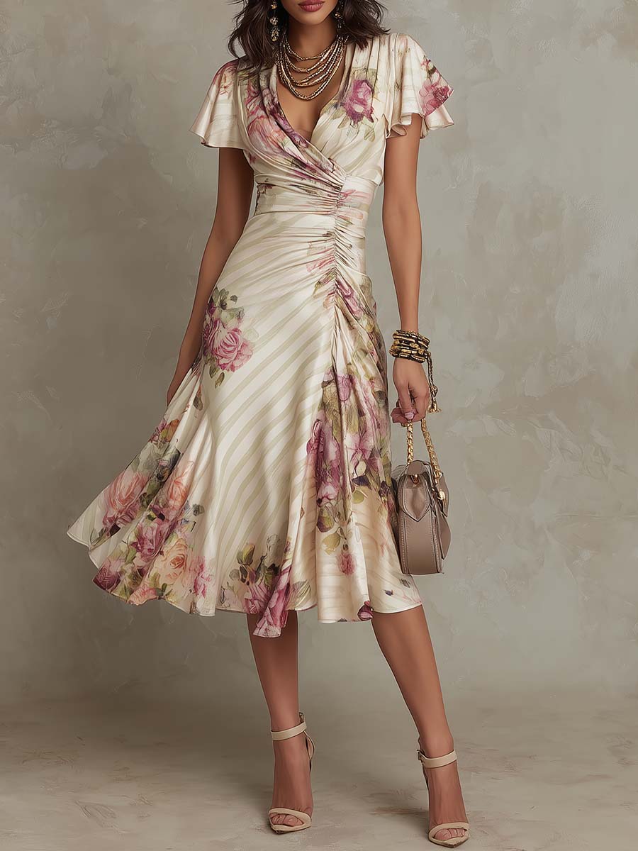 Ivory floral midi dress with a wrap V-neckline, front view