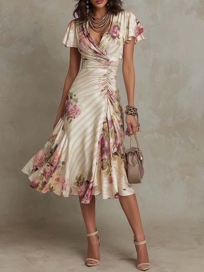 Ivory floral midi dress with a wrap V-neckline, front view