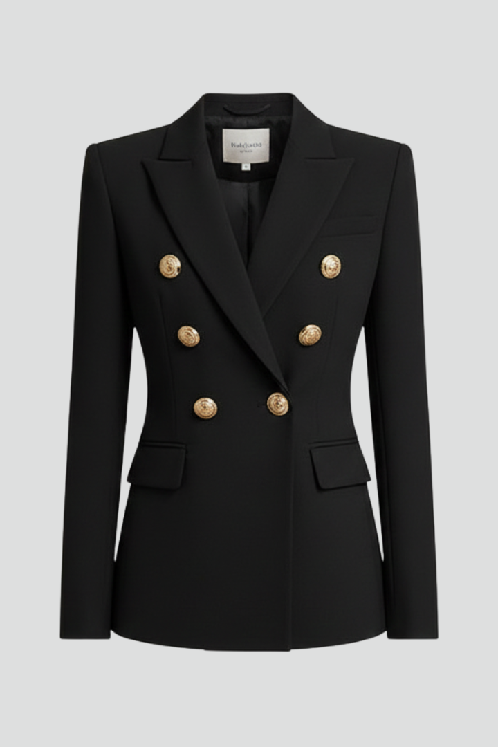 Double-breasted blazer with gold-tone buttons, front view