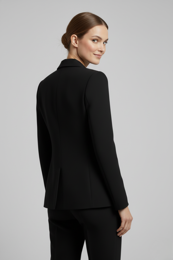 Close view of a gold-tone button on a tailored blazer