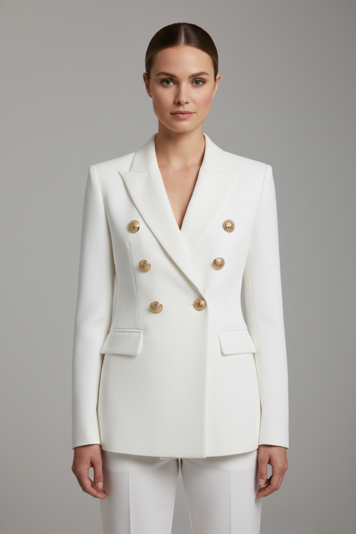 Tailored blazer showing the notched collar and shaped waist