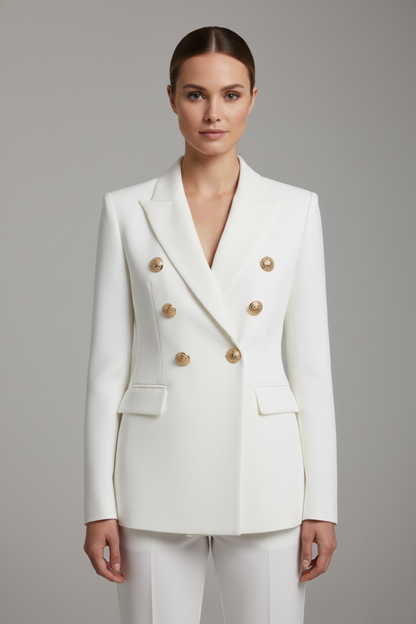 Tailored blazer showing the notched collar and shaped waist