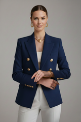Double-breasted blazer with gold-tone buttons, front view