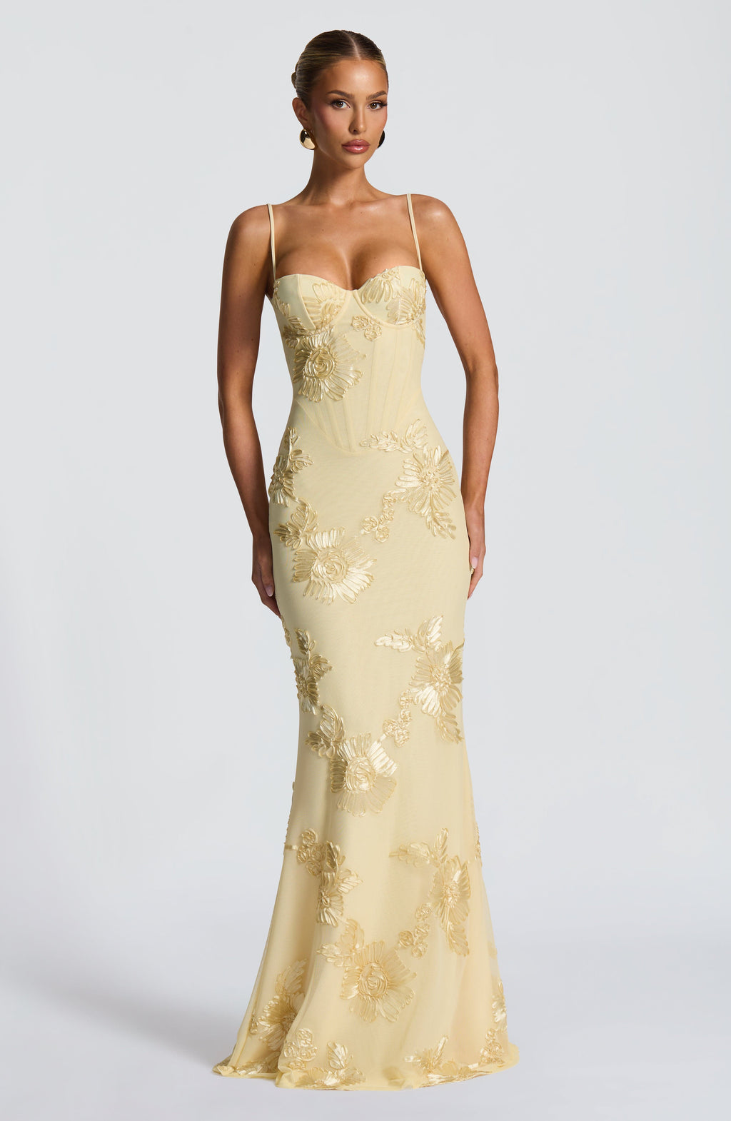 Floral corset maxi dress with spaghetti straps, front view