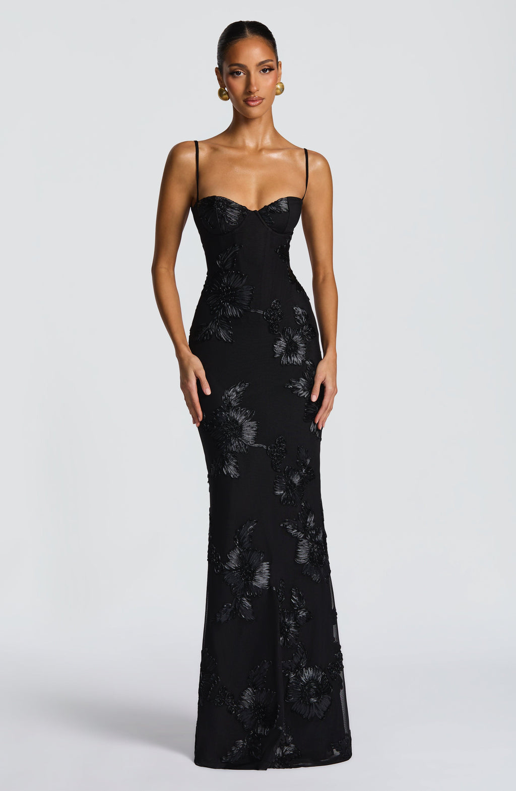 Floral corset maxi dress shown standing