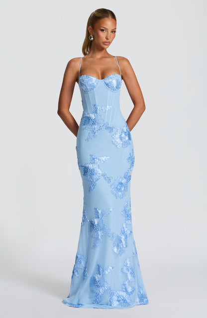 Detail of the floral print on a corset maxi dress