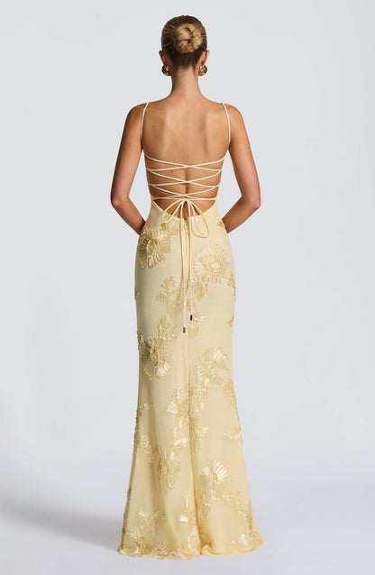 Corset dress shown from the side at full length