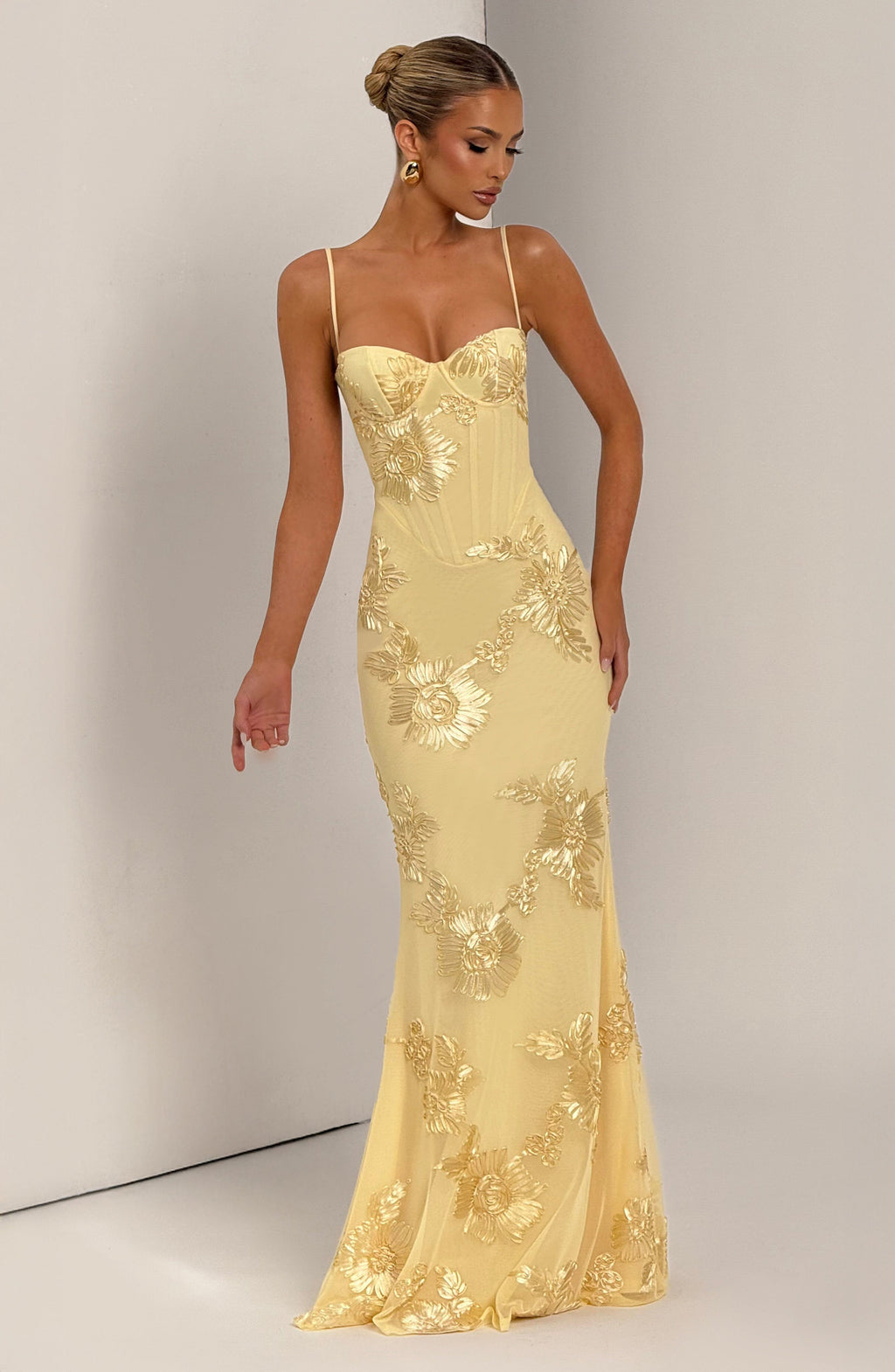 Close view of the corset bodice on a floral dress