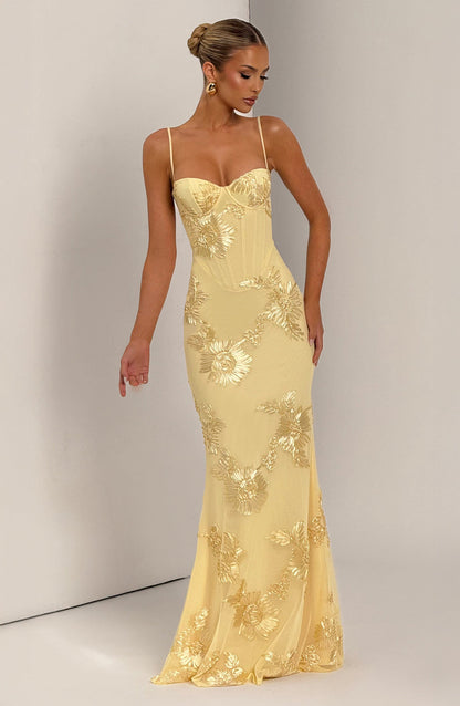 Close view of the corset bodice on a floral dress