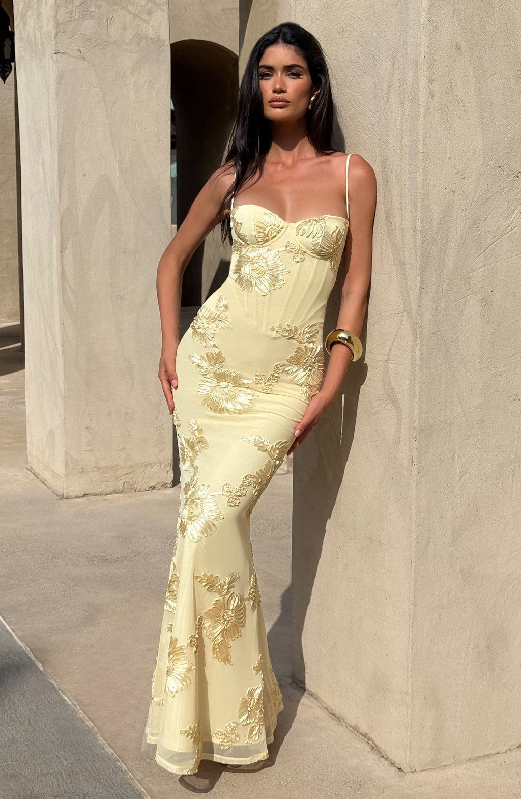 Floral maxi skirt shown at floor length