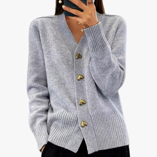 Heart-button V-neck cardigan, front view