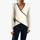 Wrap-front V-neck sweater with contrast trim, front view