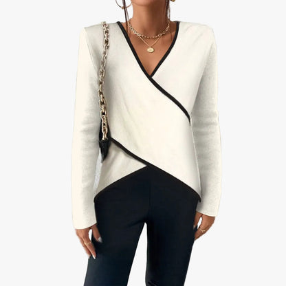 Wrap-front V-neck sweater with contrast trim, front view