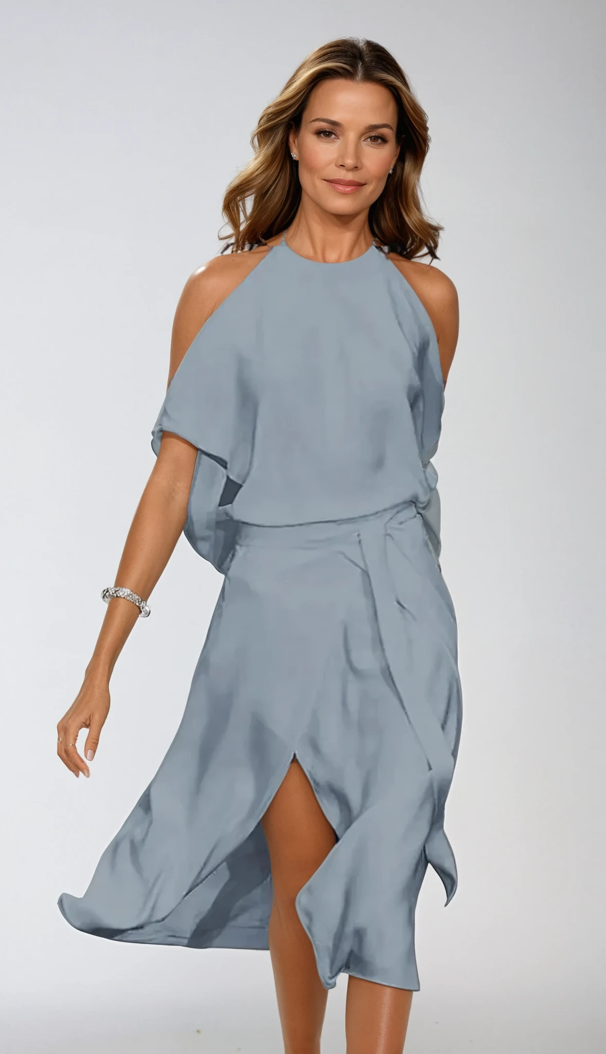 Midi dress showing the cape overlay and asymmetrical hem