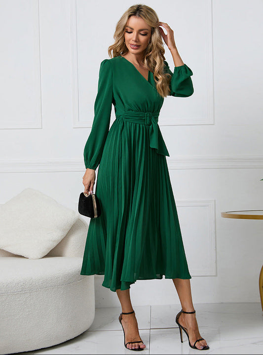 Long-sleeve pleated midi dress with a wrap neckline, front view