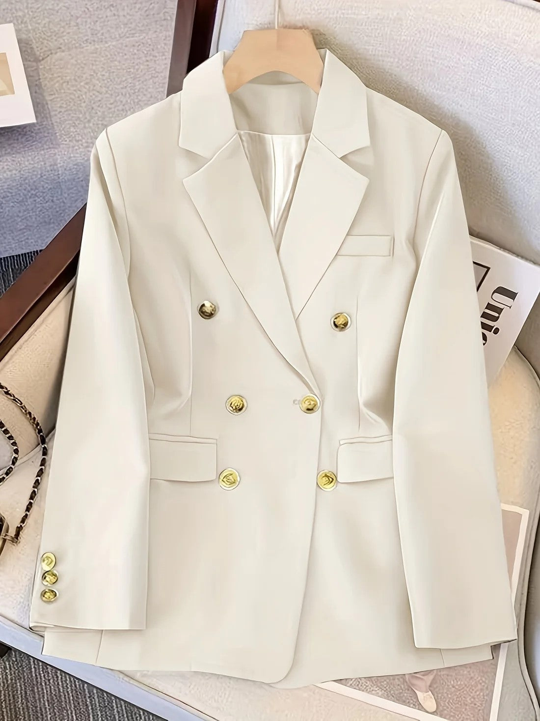 Double-breasted blazer showing the two rows of buttons