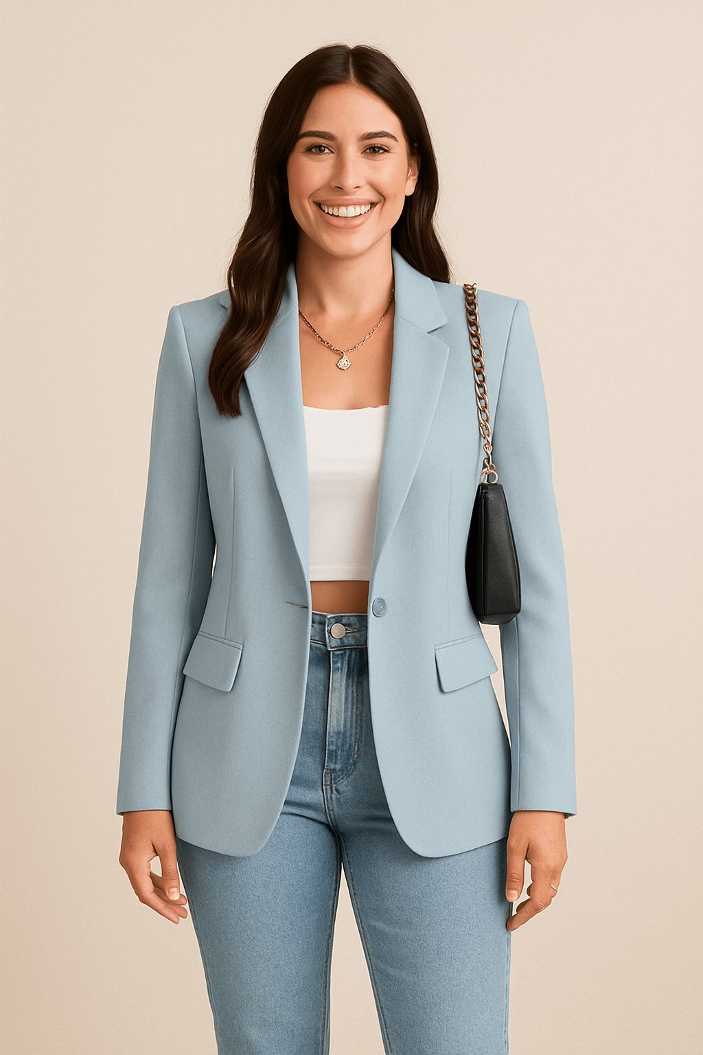 Single-breasted blazer shown at full length