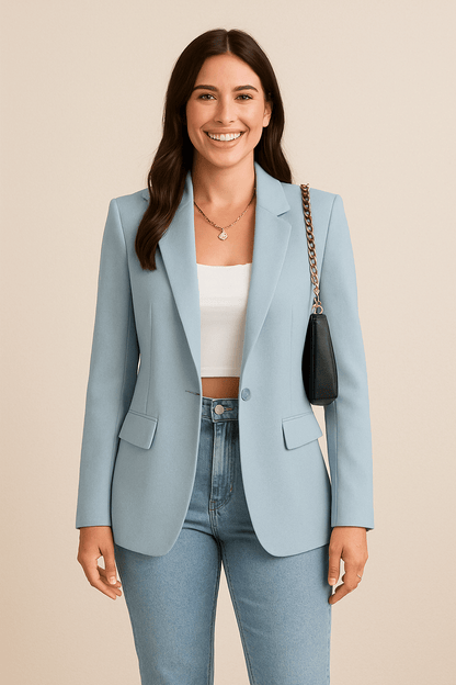 Single-breasted blazer shown at full length