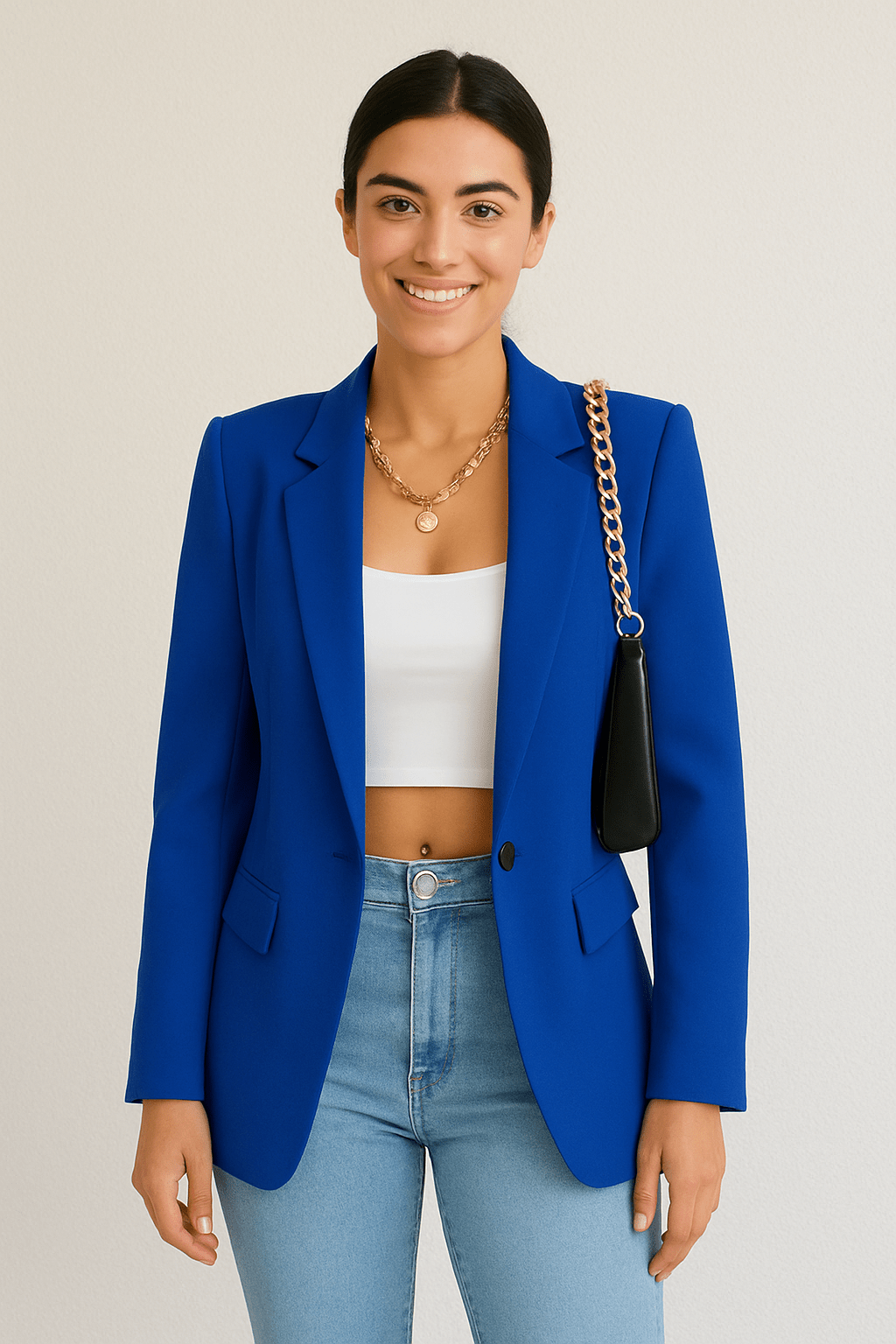 Blazer showing the shaped hem and hip flap pockets