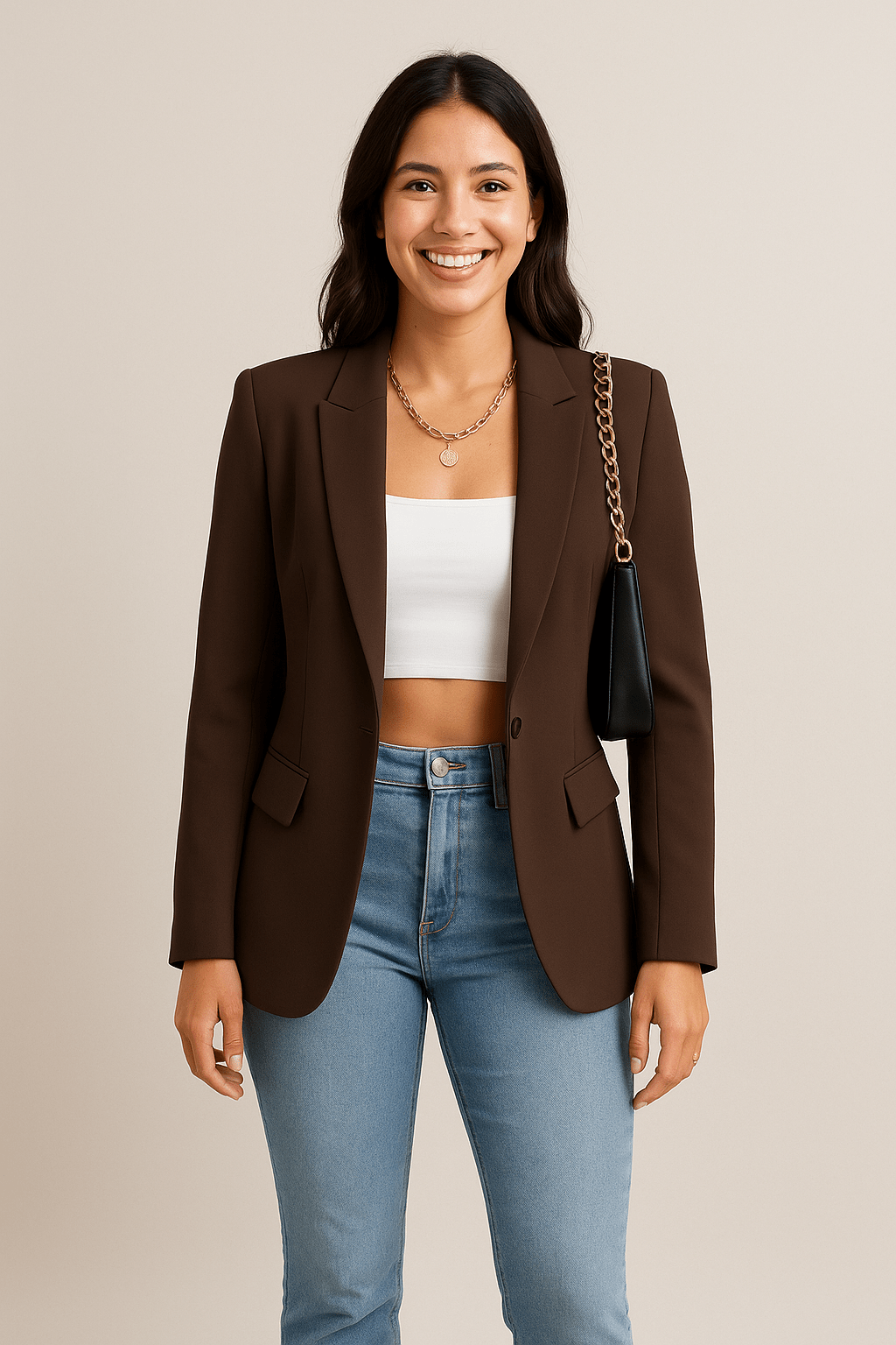 Close view of the notched lapel on a woven blazer