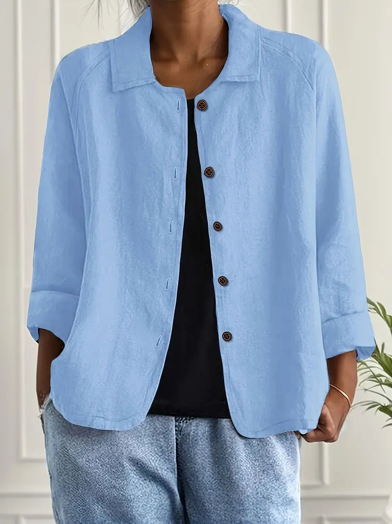 Collared button-front blazer, front view